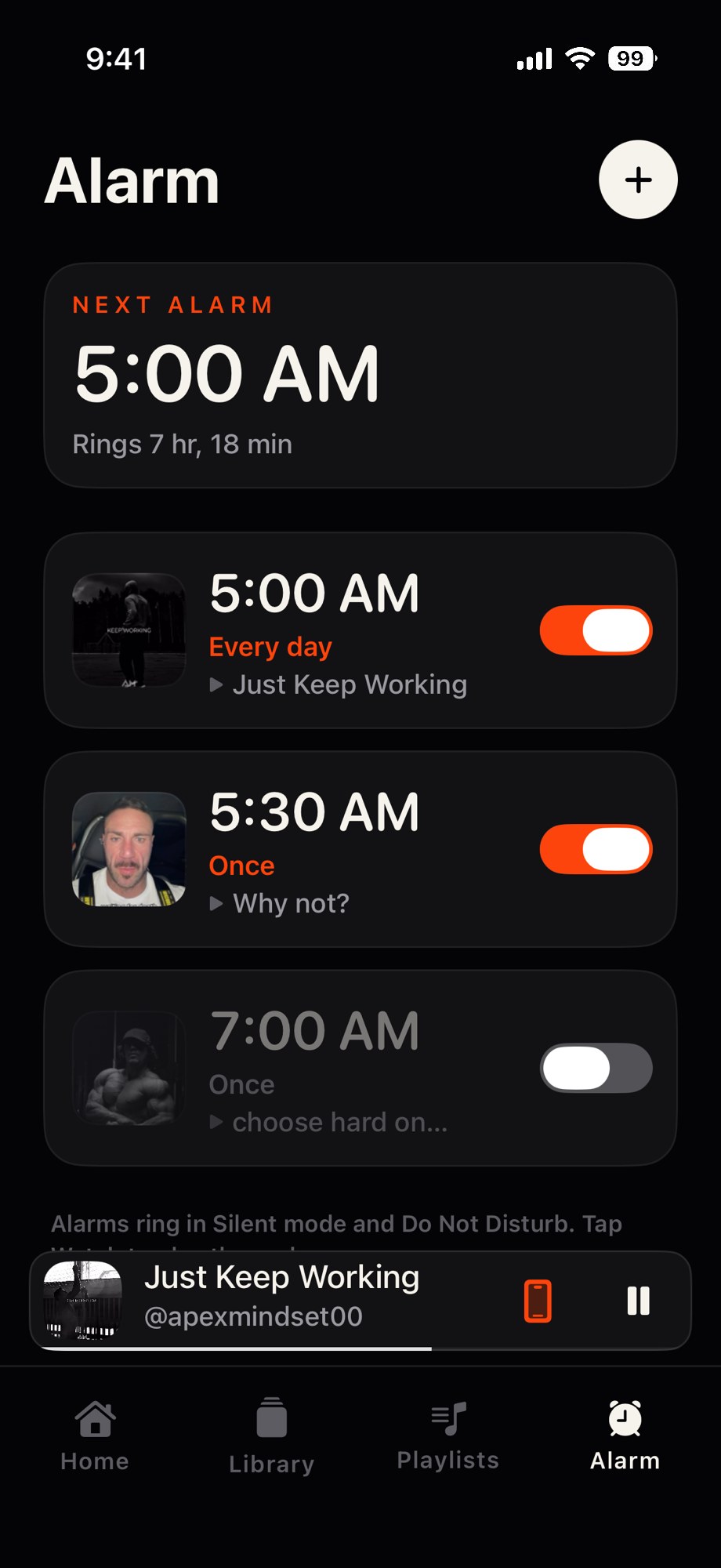 Reelign alarm screen with a 5:00 AM next alarm and morning alarms that each play a chosen reel