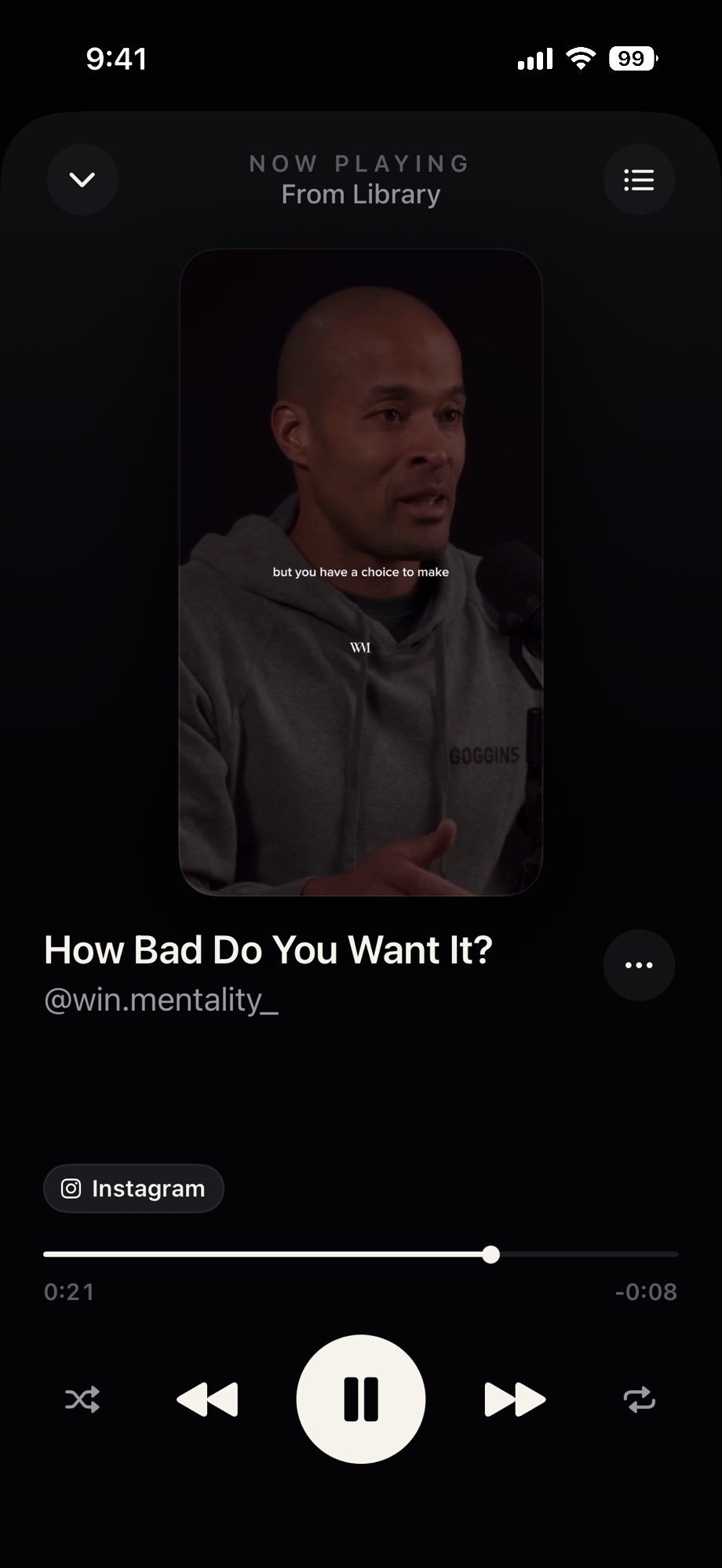 Reelign playback screen with a vertical reel playing and music style controls