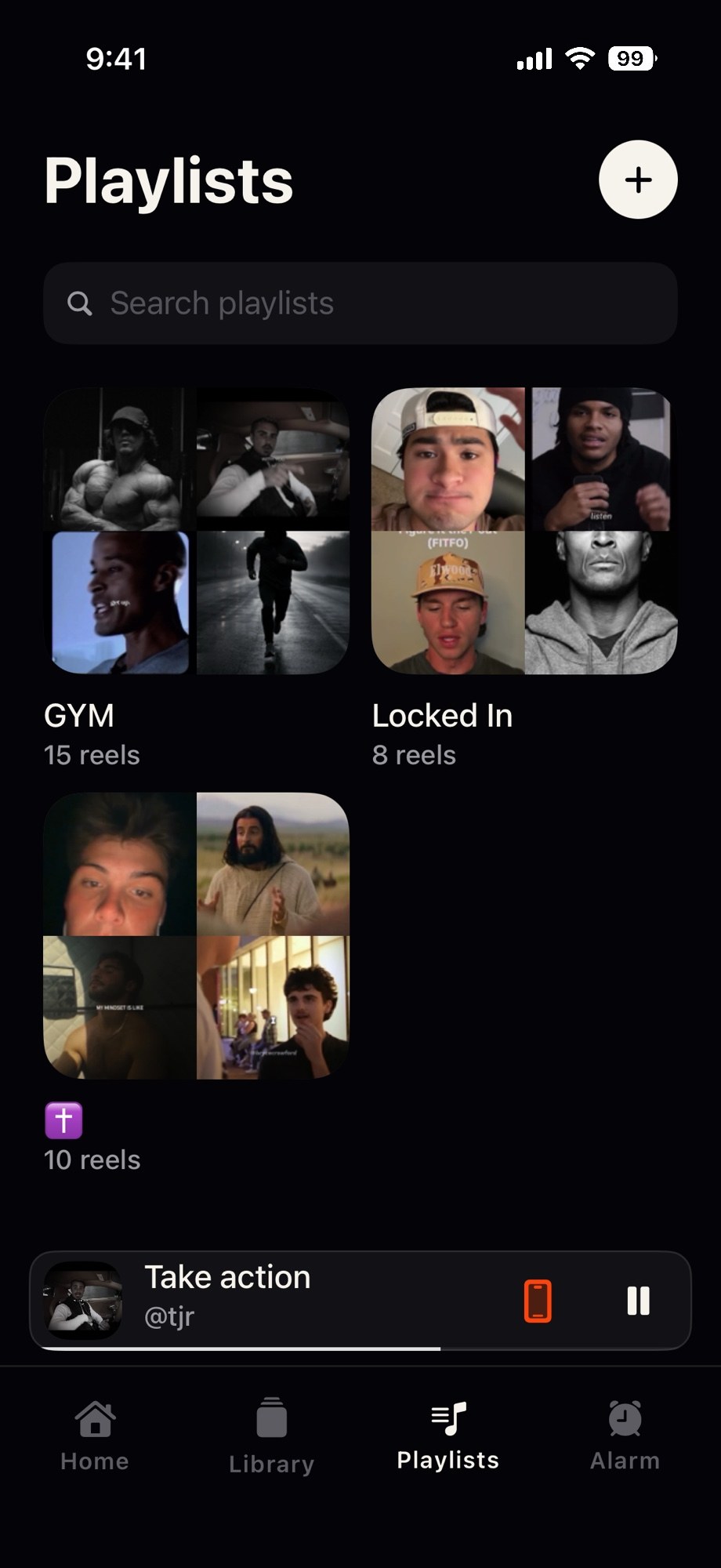 Reelign playlists screen with cover mosaics for GYM, Locked In, and a faith playlist